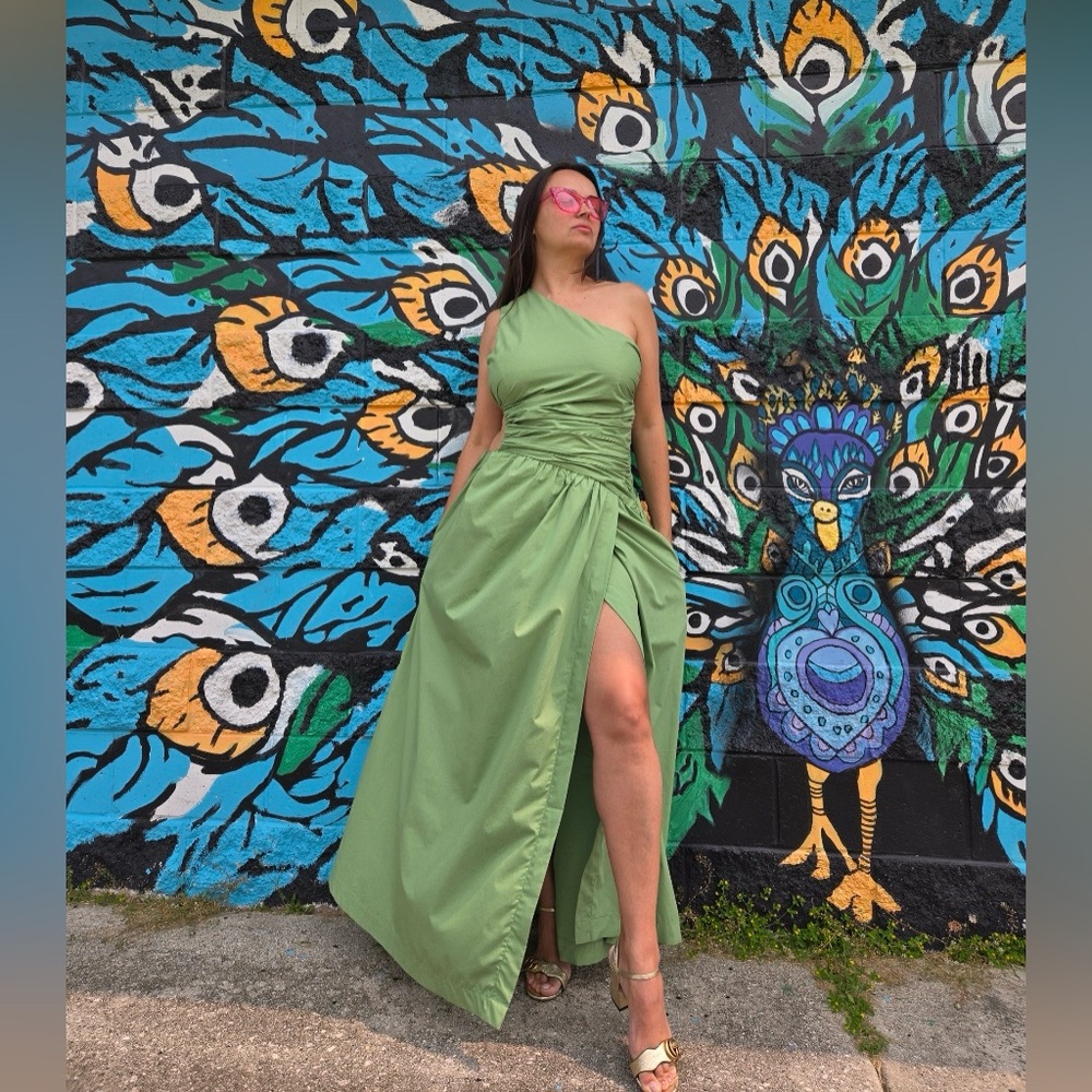 Abercrombie & Fitch Green Asymmetrical Ruched One-Shoulder Dress